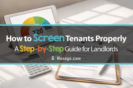 Modern desk setup with credit score dashboard, tenant screening checklist, and calculator, representing how to screen tenants properly through credit checks and structured evaluation - thumbnail