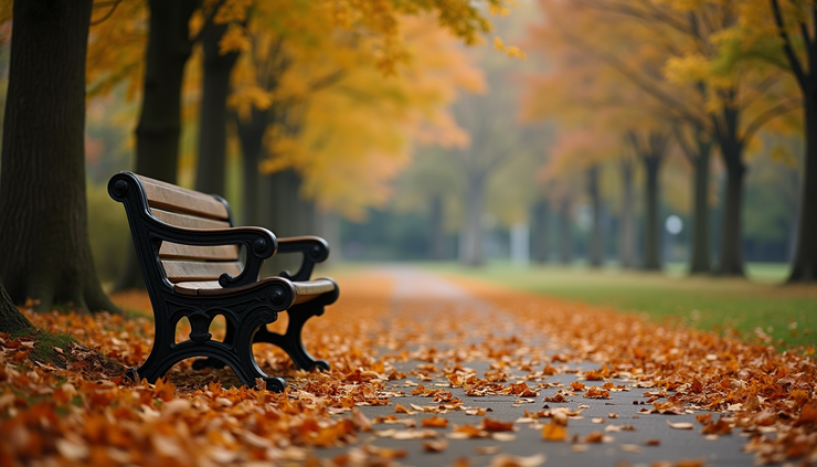 Eye-level view of a lone bench in an empty park during autumn