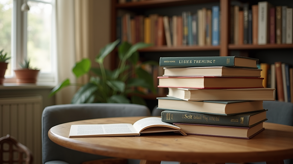 Eye-level view of a cozy reading nook with a stack of self-help books