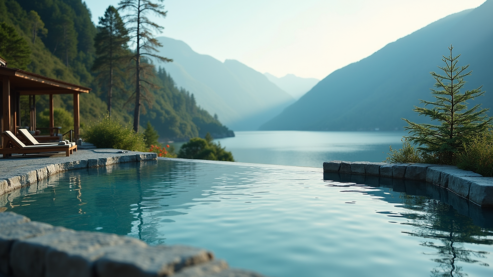 Wide angle view of a tranquil mountain spa with a natural hot spring