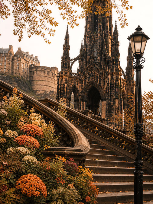 Scott Monument and Edinburgh Castle in autumn Scotland