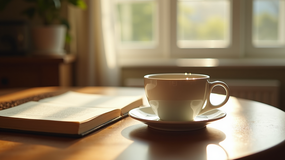 Eye-level view of a cozy, sunlit room with a journal and a cup of tea on a wooden table