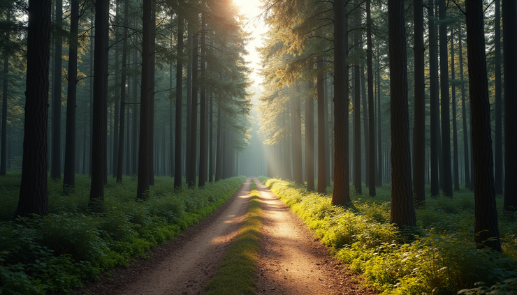 Eye-level view of a winding forest path surrounded by tall trees