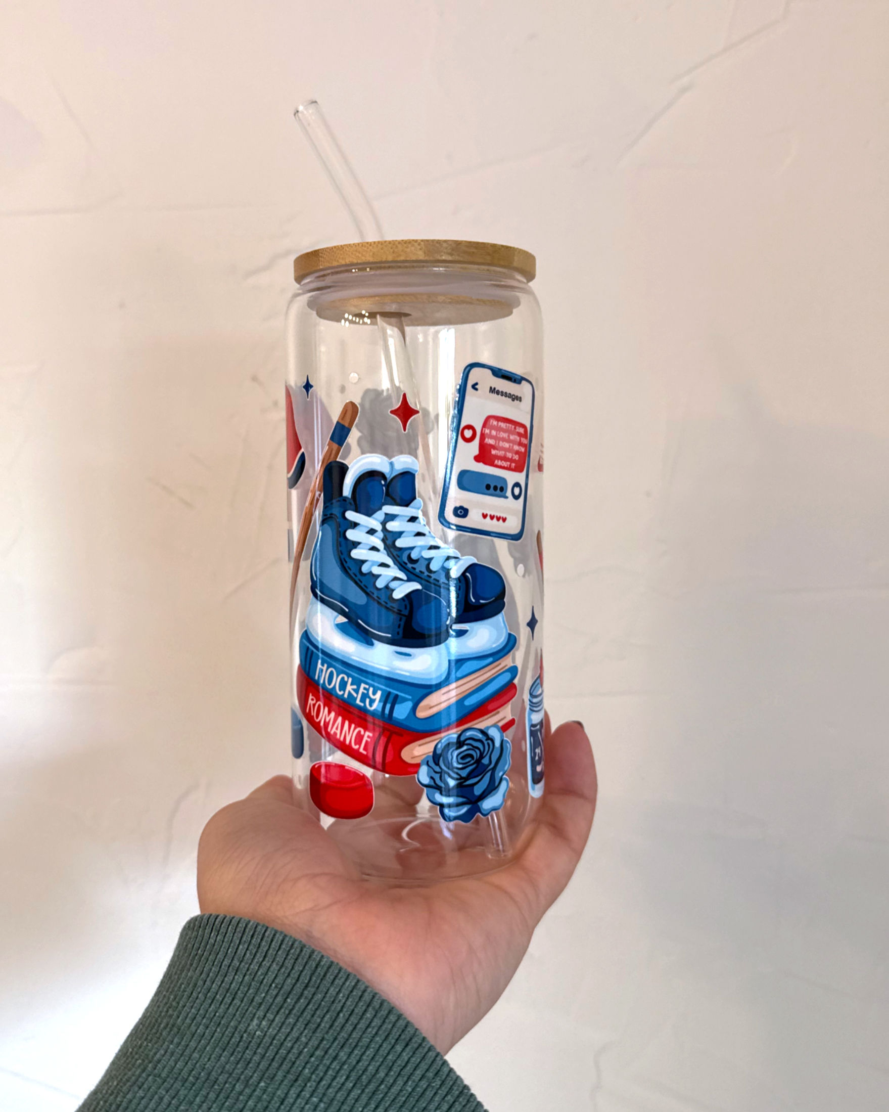 glass cup with hockey romance theme inspired by heated rivalry with glass straw and bamboo lid
