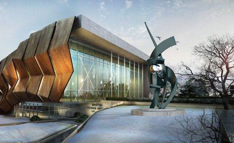 Monumental sculpture in a museum setting.