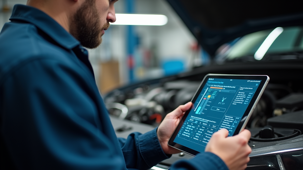 Eye-level view of a mechanic using a tablet with AI-powered diagnostic software