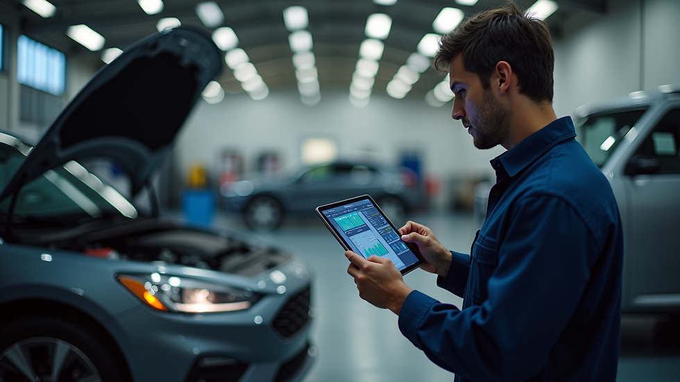 Eye-level view of a mechanic using a tablet with diagnostic software in a garage