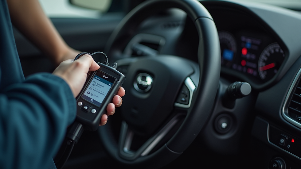 Close-up view of a vehicle diagnostic tool connected to a car's OBD port