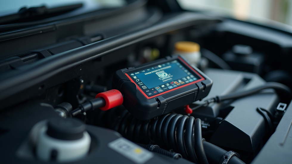 Close-up view of a modern vehicle diagnostic tool connected to a car’s engine