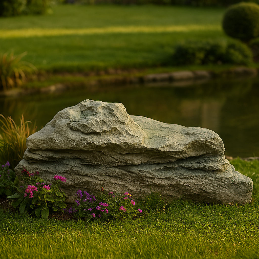 Medium sized rock by a pond in a garden