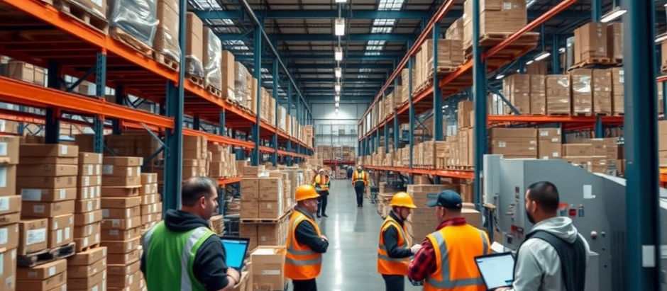 Warehouse team using technology to manage stock