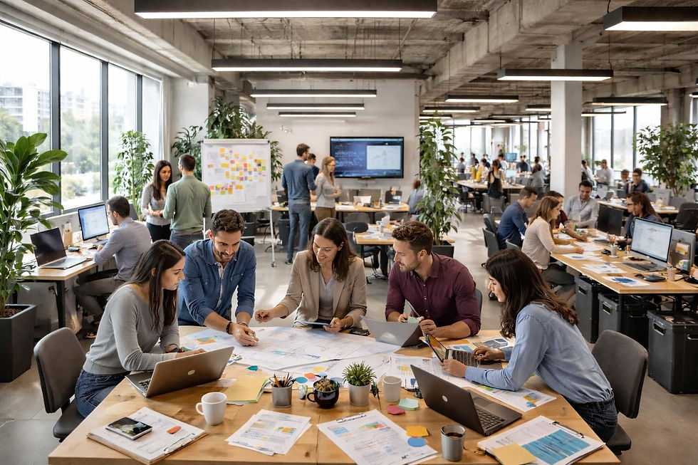 Team of coworkers in a bright open office reviews charts and laptops around a table, with sticky notes, plants, and meetings.