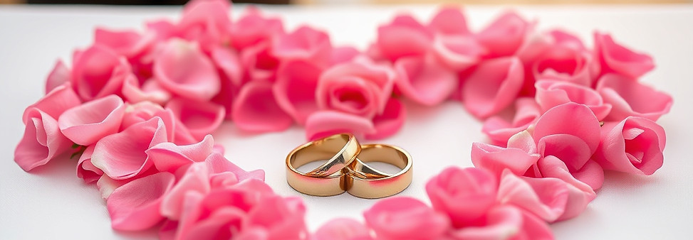 I need an image of a custom wedding ceremony with two wedding bands laying on a table in t