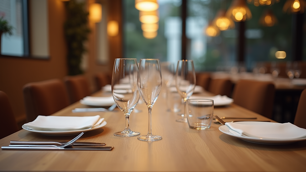 Eye-level view of a restaurant table set neatly with cutlery and glasses