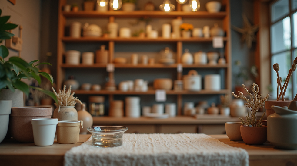 Eye-level view of a small shop with unique handmade products
