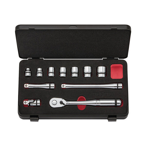 3/8"sq. Nepros Socket Wrench Set (6pt.) Metric (11pcs.) with Steel Case