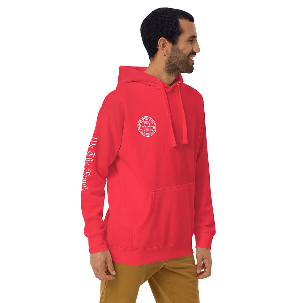 Thumbnail: Man in red Pew Pew Hoodie