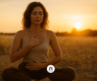 "femme assise dans un champ doré au coucher de soleil, une main sur le coeur et une sur le ventre, incarnant la paix intérieure, la sérénité et la reconnexion à soi"