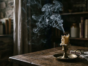 A heavily melted, extinguished candle in a brass holder sits on a rustic wooden table, with thick, intricate plumes of white smoke curling up from the wick. The background is a moody, dimly lit room featuring a stone wall, a window letting in soft natural light, and out-of-focus bookshelves. A True North Created Image @2026