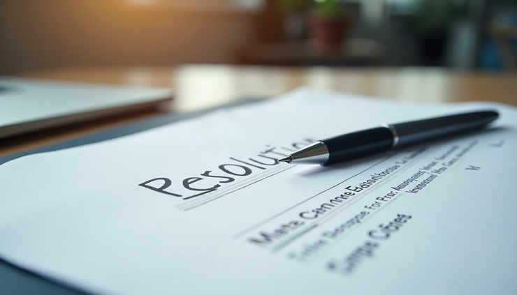 Eye-level view of a signed written resolution document on a desk with a pen