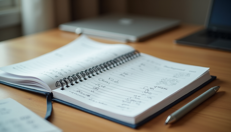 Close-up view of a company register book open on a wooden desk