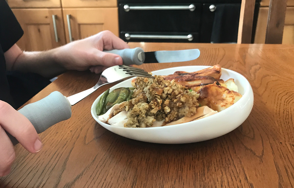 Close up of the scoop dish with Ross's holding his cutlery, about to eat a roast dinner