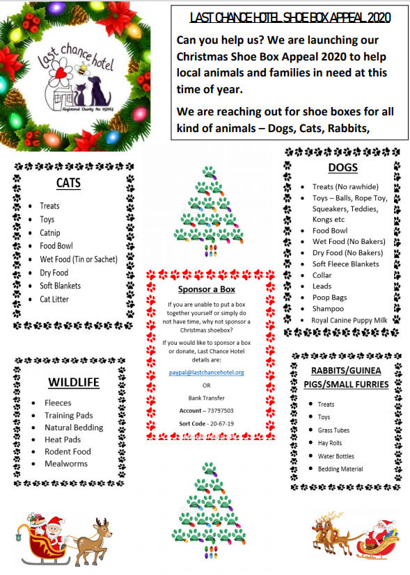 Official poster listing the type of animals you can donate to, and shoebox gift ideas