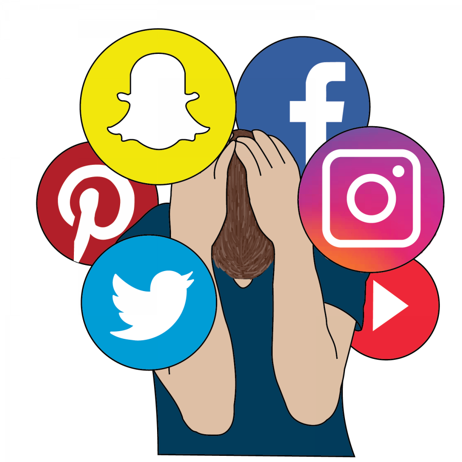 Clipart art image of a man holding his head in his hands, surrounded by social media logo icons