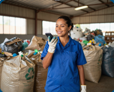 Mulher em centro de reciclagem, sorrindo e usando o celular.