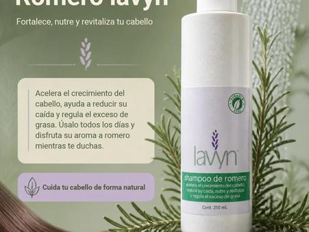 Botella de shampoo de romero lavyn, que fortalece nutre y revitaliza tu cabello