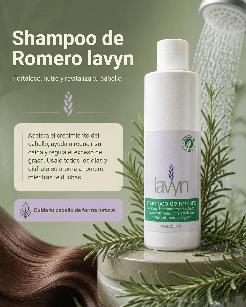 Botella de shampoo de romero lavyn, que fortalece nutre y revitaliza tu cabello