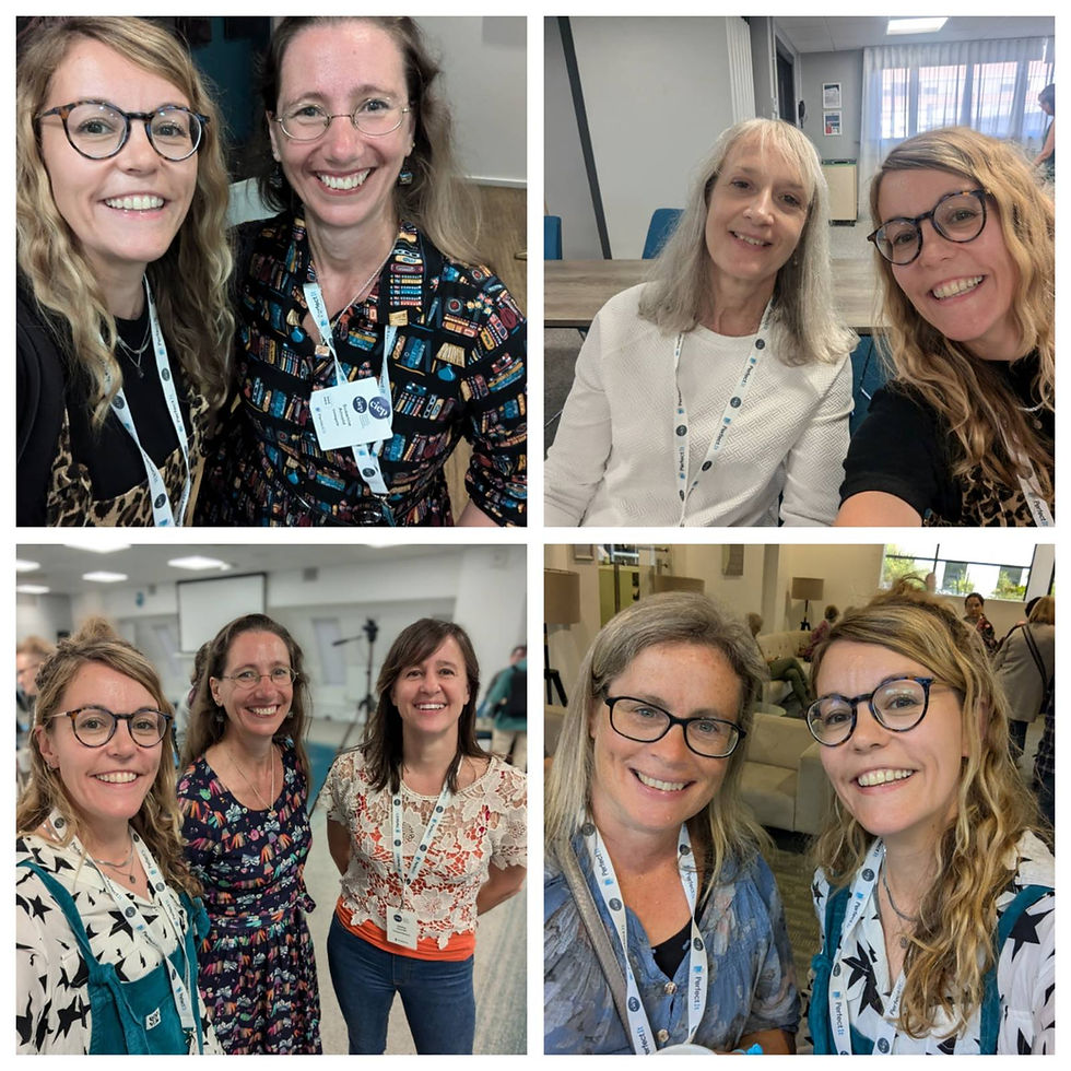 A collage of 4 selfies, all featuring the same white woman with blonde wavy hair and round glasses. She's pictured with various smiling women.