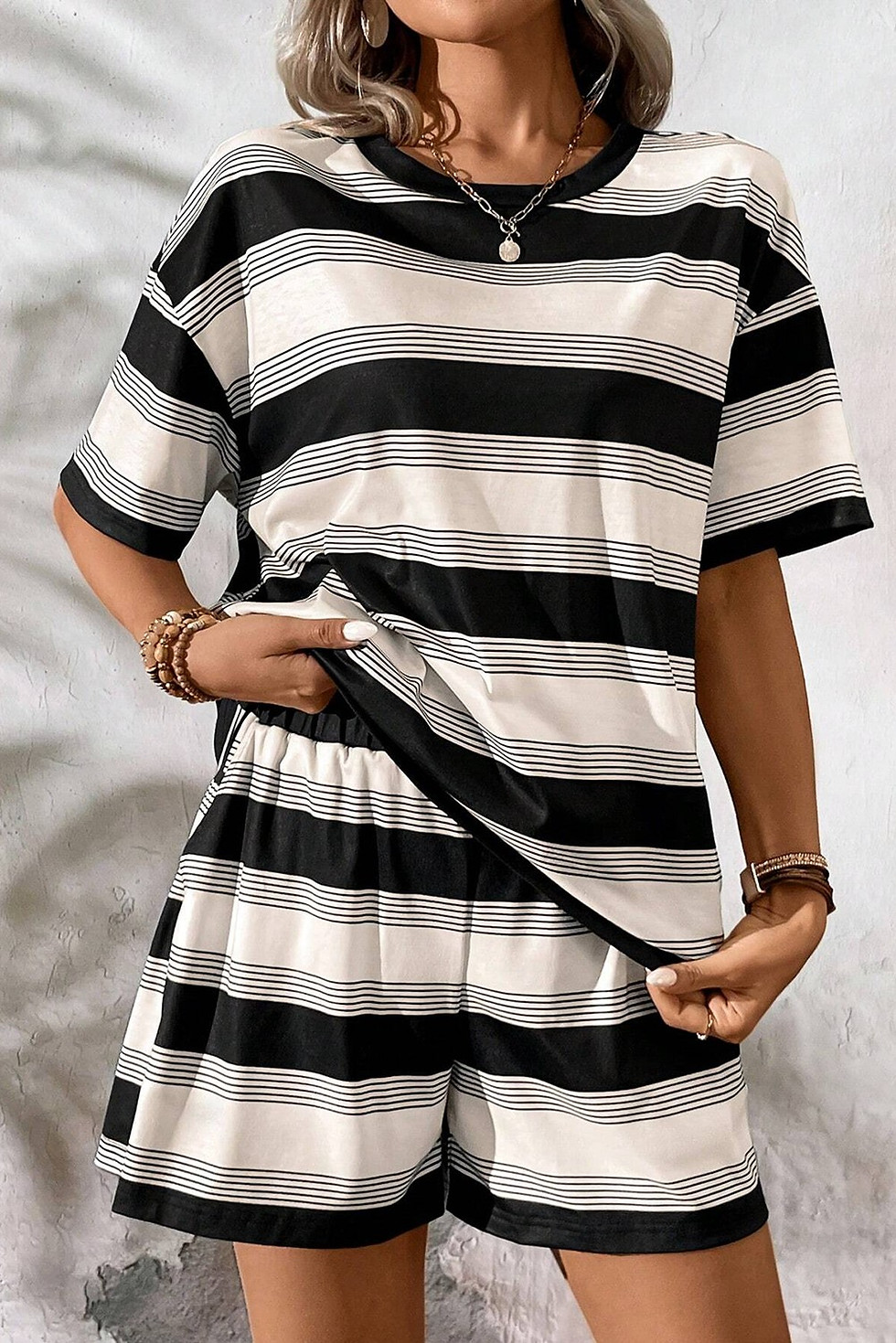 Thumbnail: StripeT Shirt and High Waist Pocketed Shorts Set