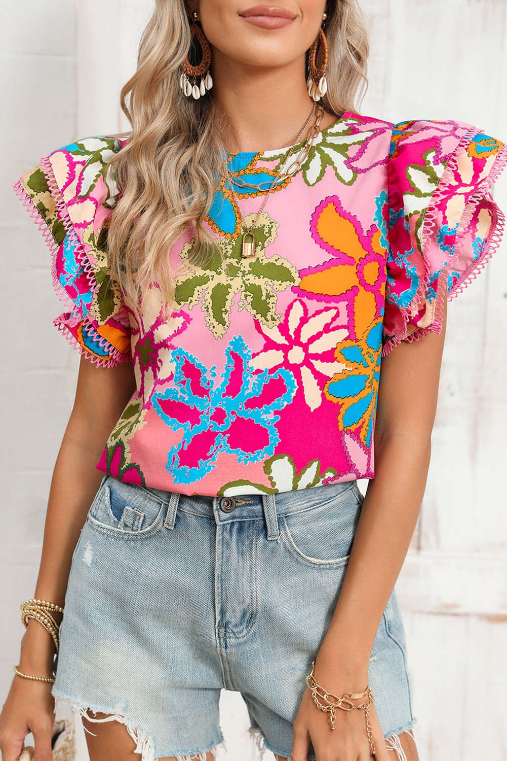 Floral Print Boho Top Tiered Ruffle Sleeve Blouse