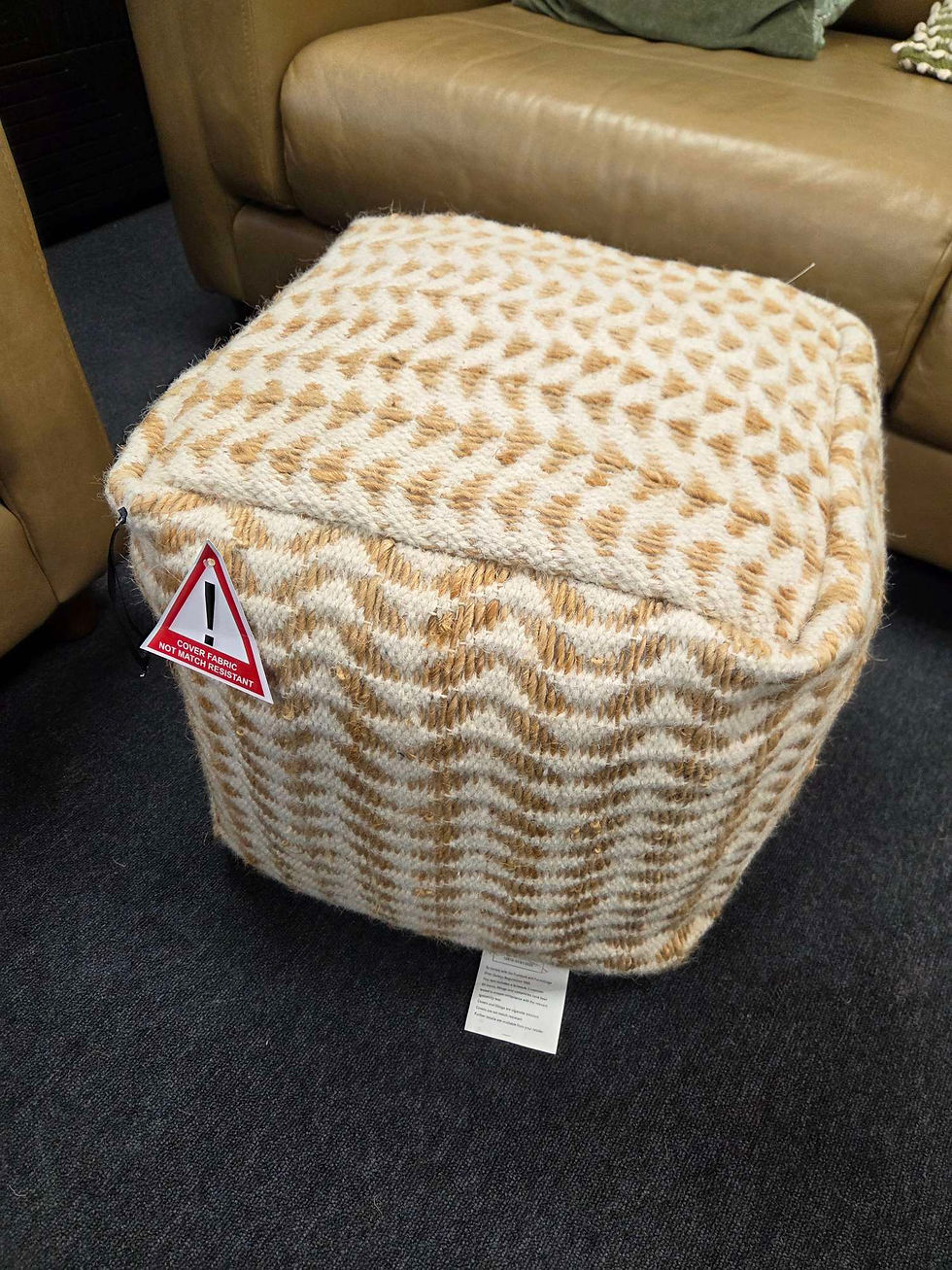 Basento Hand Woven Natural & Ivory 40x40cm Jute and Wool Pouffe
