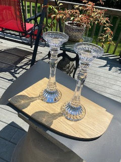 Thumbnail: Mikasa 9" Lead Crystal Petals Candlestick Holders (Pair).  Lead crystal.