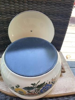 Thumbnail: Vintage Asta Enamelware Casserole Pot Dish W/ Lid Flowers Brass Handles 2 QT