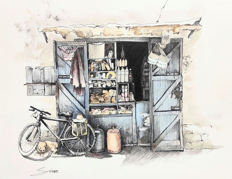 חנות קטנה עם אופניים בצד, מוצרים בפנים, קירות לבנים, ציור אומנותי.