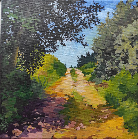 דרך כורכר בשדה עם עצים בצדדים, שמים כחולים ברקע.