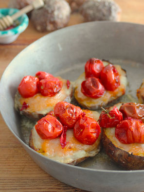 Hot honey, burrata, tomato twuice-baked potatoes