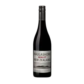 Бутылка Haulashore Merlot, красное вино с выразительным ароматом, на фоне нейтральной поверхности.