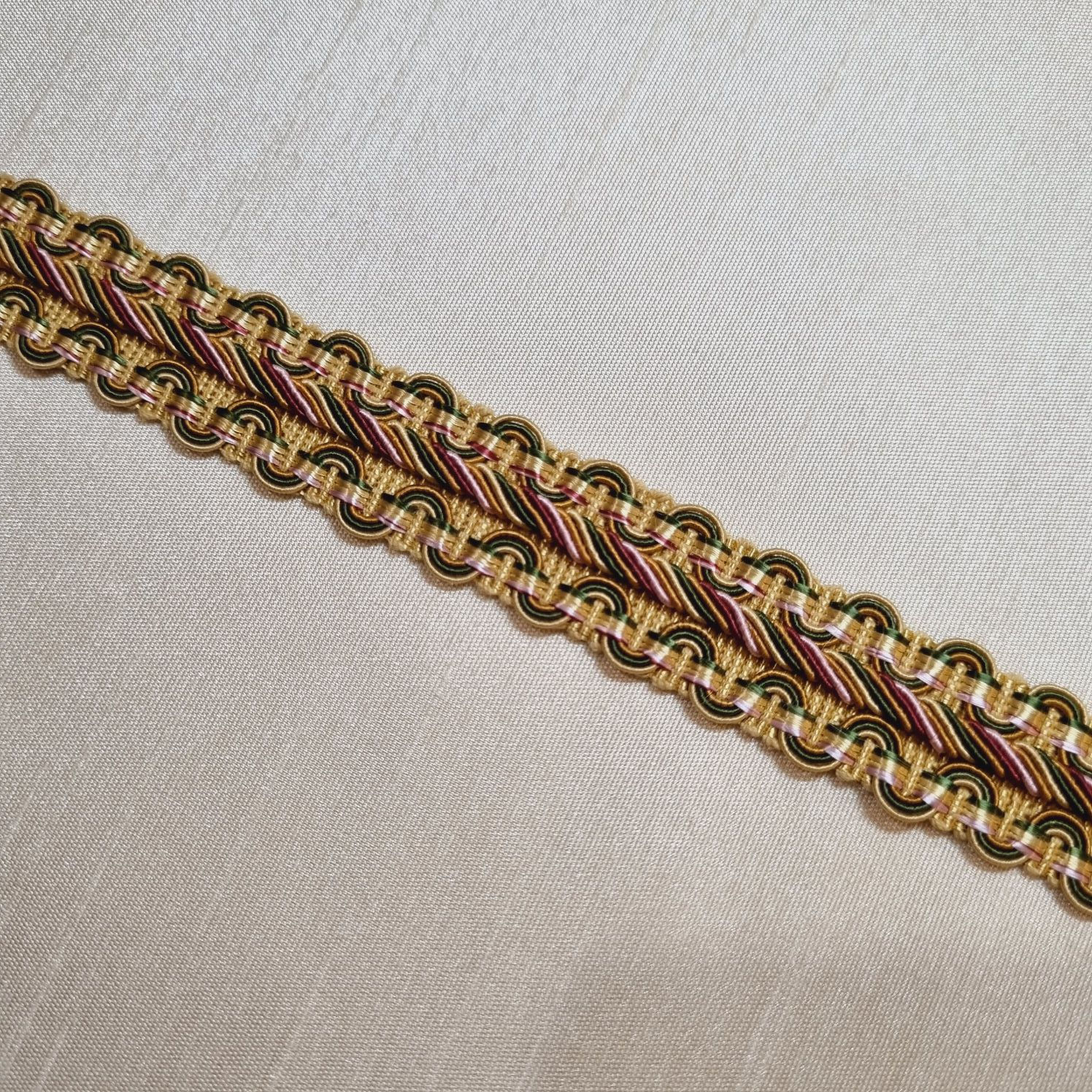 Scroll Gimp Braid 22mm wide - gold/soft pink/burgundy and green