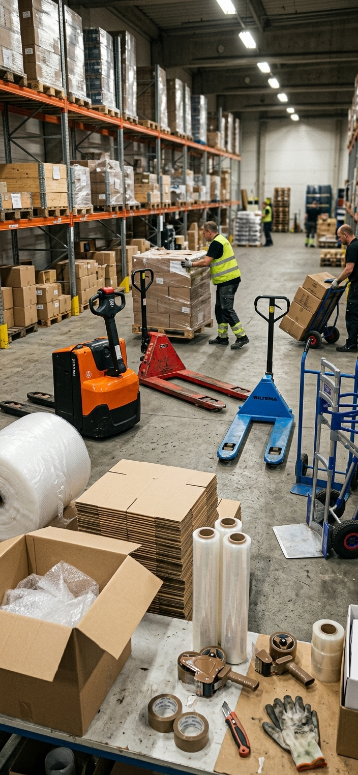 Portræt af lagerudstyr, palleløftere og pakkematerialer
