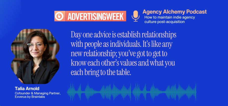 Podcast promo image with a woman, Talia Arnold, in front of bookshelves. Text advises to build individual relationships. Blue background.