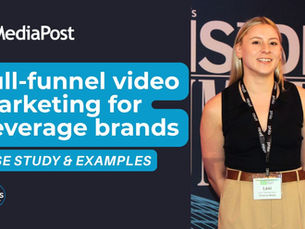 Young woman smiling at a marketing event. Text: "Full-funnel video marketing for beverage brands. Case study & examples." Logos for MediaPost and exverus.