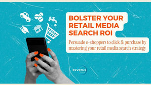 Hands with orange nails hold a smartphone on teal background with shopping icons and ad text: Bolster Your Retail Media Search ROI