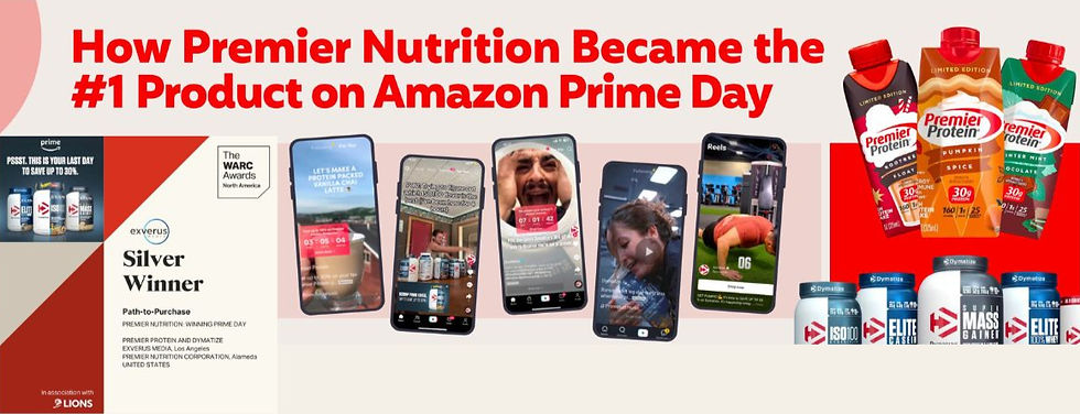 Poster about Premier Nutrition winning #1 on Amazon Prime Day, with product bottles, phones, and a Silver Winner award on a beige background