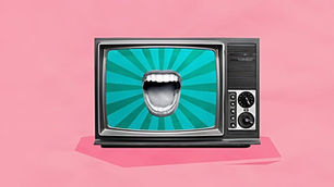 Vintage TV on a pink background displays a wide open mouth on a teal starburst screen.