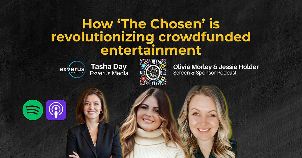 Podcast promo with three smiling women and Spotify/Apple icons, titled How The Chosen is revolutionizing crowdfunded entertainment.