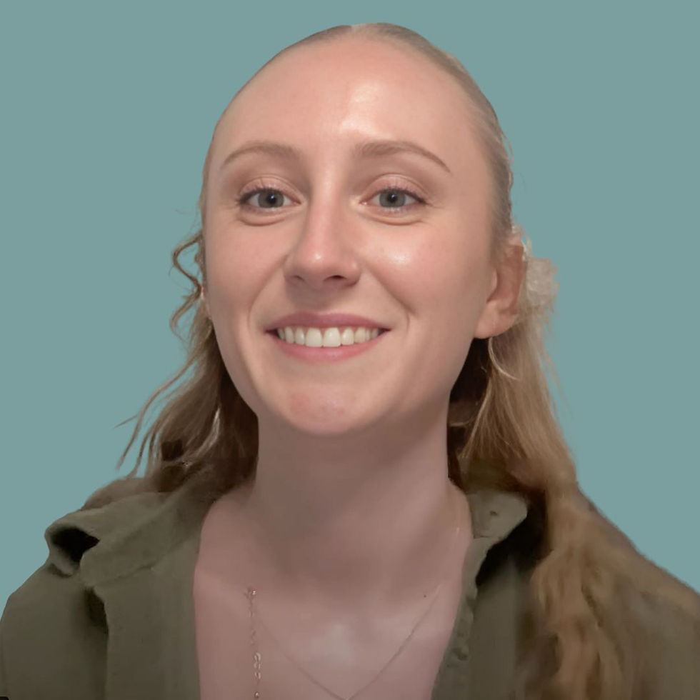 Marlee Thompson in an olive shirt against a teal background, facing the camera.